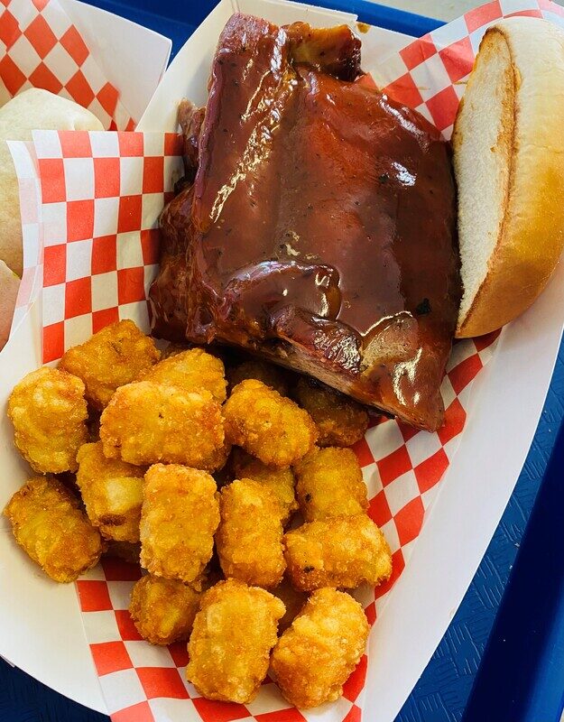 A past weekend special: a BBQ rib sandwich with tots
