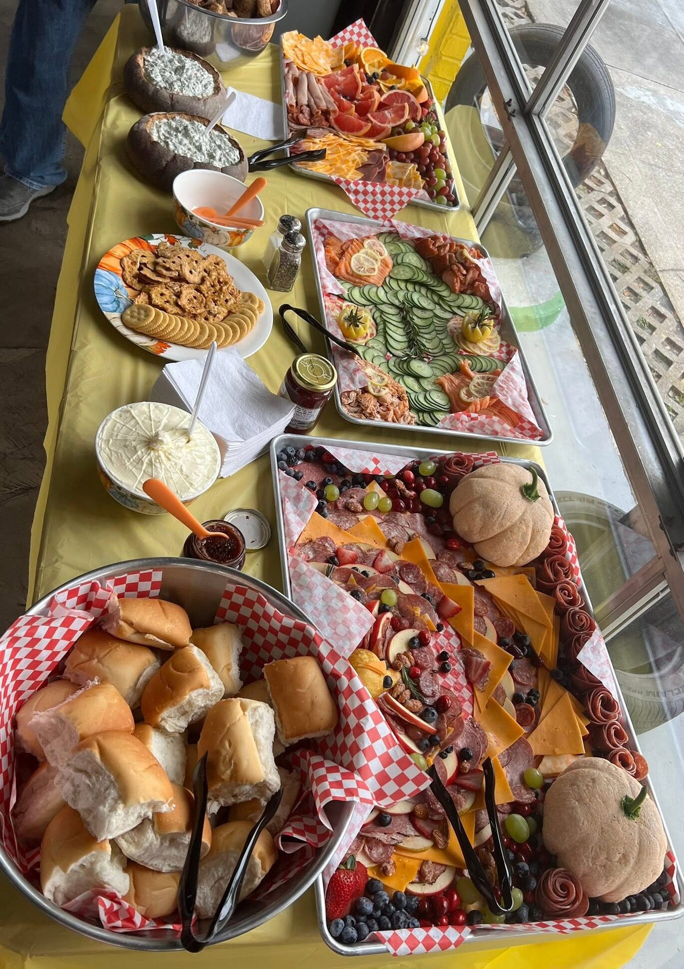 A full V9 catering spread laid out on the counter