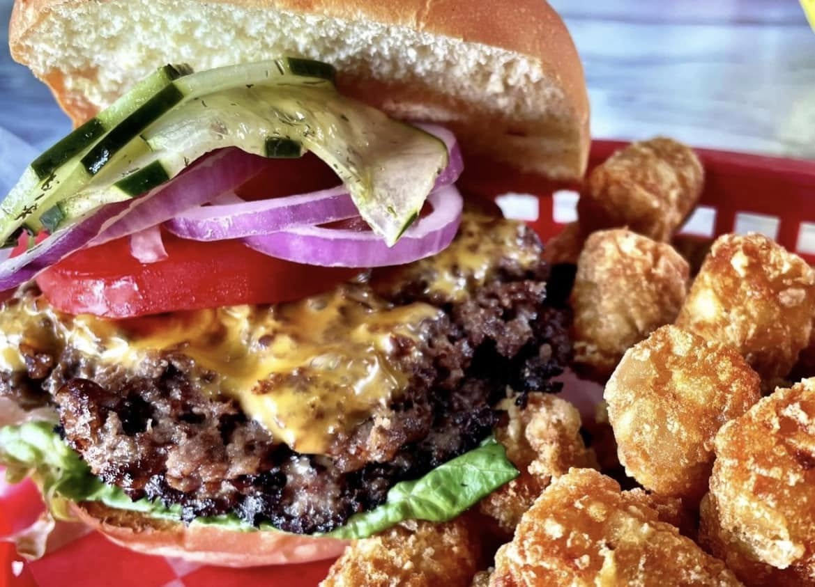V9 Smash Burger with tater tots