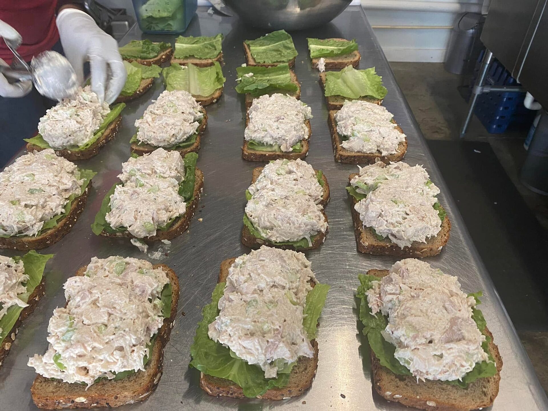Rows of chicken salad sandwiches being assembled on a sheet tray