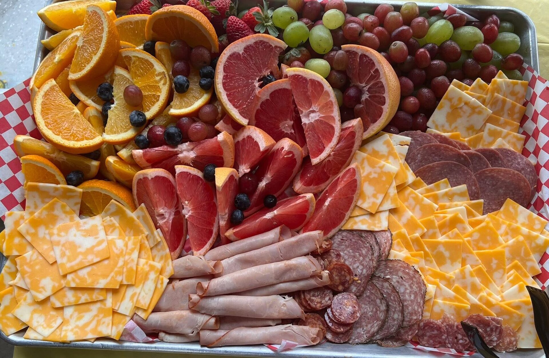 A V9 fruit, cheese and charcuterie platter