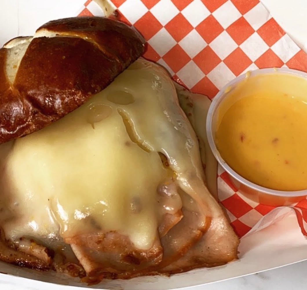 Turkey O'Drool on a pretzel bun with honey Dijon
