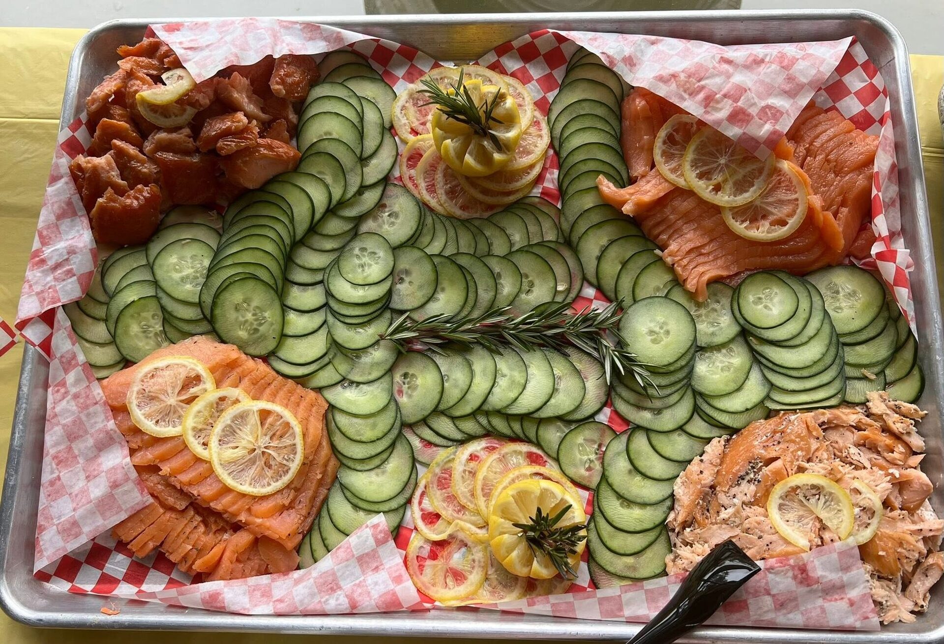 A smoked salmon and cucumber platter from V9 catering